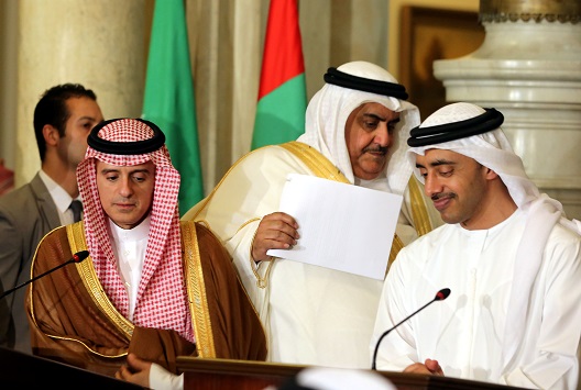 Saudi Foreign Minister Adel al-Jubeir, UAE Foreign Minister Abdullah bin Zayed al-Nahyan and Bahraini Foreign Minister Khalid bin Ahmed al-Khalifa attend a press conference after their meeting that discussed the diplomatic situation with Qatar, in Cairo